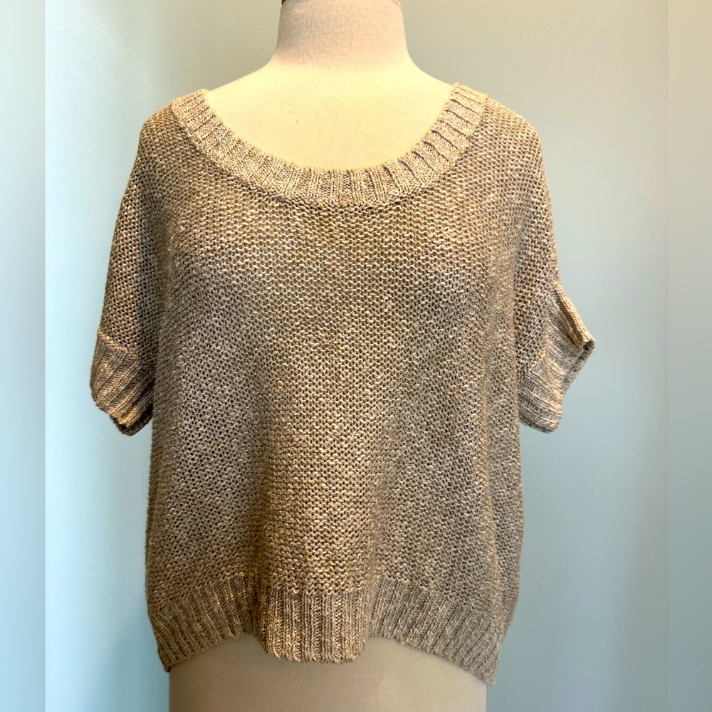 Alice & Olivia linen blend oversized metallic beige short sleeve sweater M/L